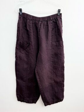 Eskandar Linen Crop Pants Plum Purple Wide Leg Elastic Waist Size 2 Medium